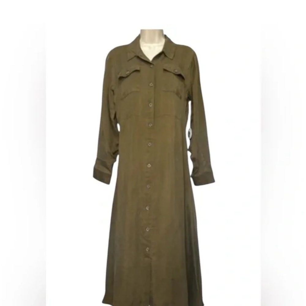 Spartina 449 Peyton Olive Green Button Down Long Sleeve Midi Shirt Dress M